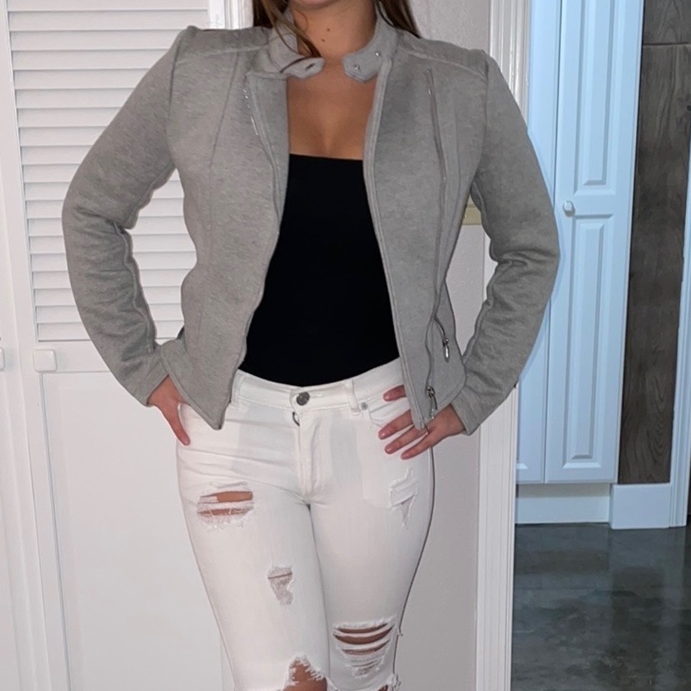 Thick grey coat with silver hardware